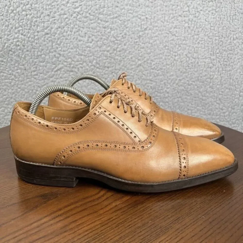 Paul Fredrick Oxford Shoes‎ Mens 8.5 Tan Brown Leather Cap Toe Brogue Made Italy
